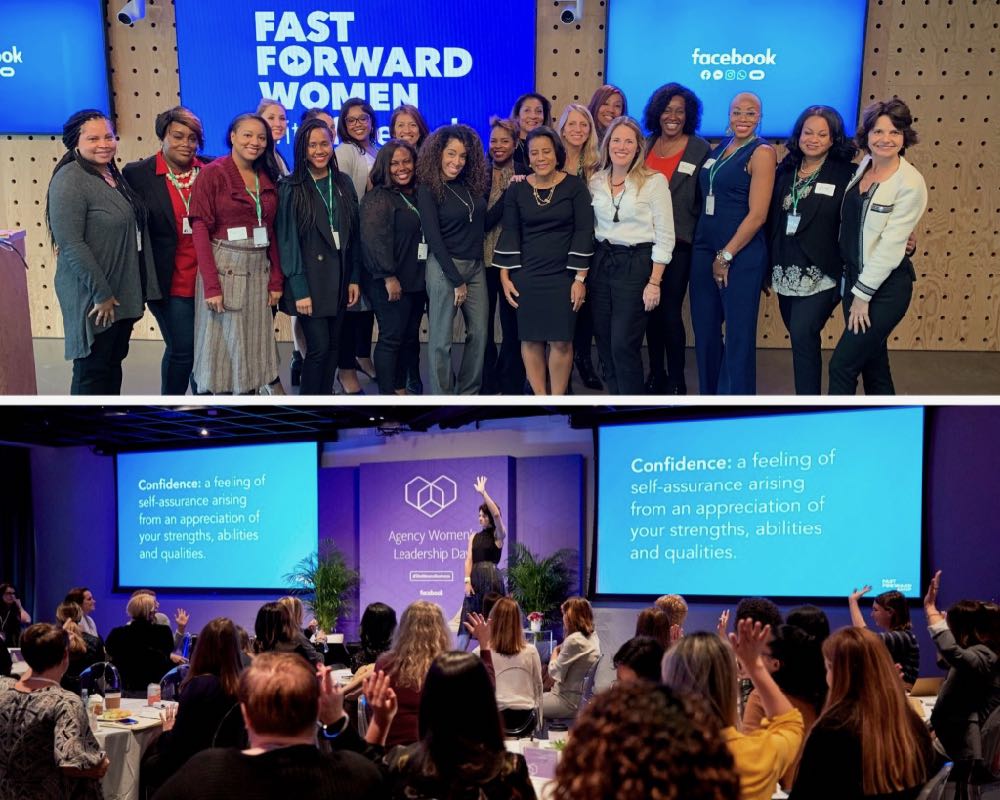 Two photos of Lisa McCarthy during a Fast Forward Women event. In the top image, she poses with 19 women who are smiling at the camera. In the second image she raises her had and the audience looks on, raising their hands as well.