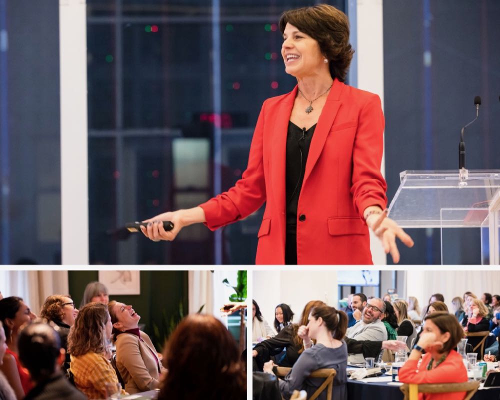 Three images: The top image features Lisa McCarthy smiling as she delivers a speech. The smaller two images feature her audience members laughing and smiling during the speaking engagement