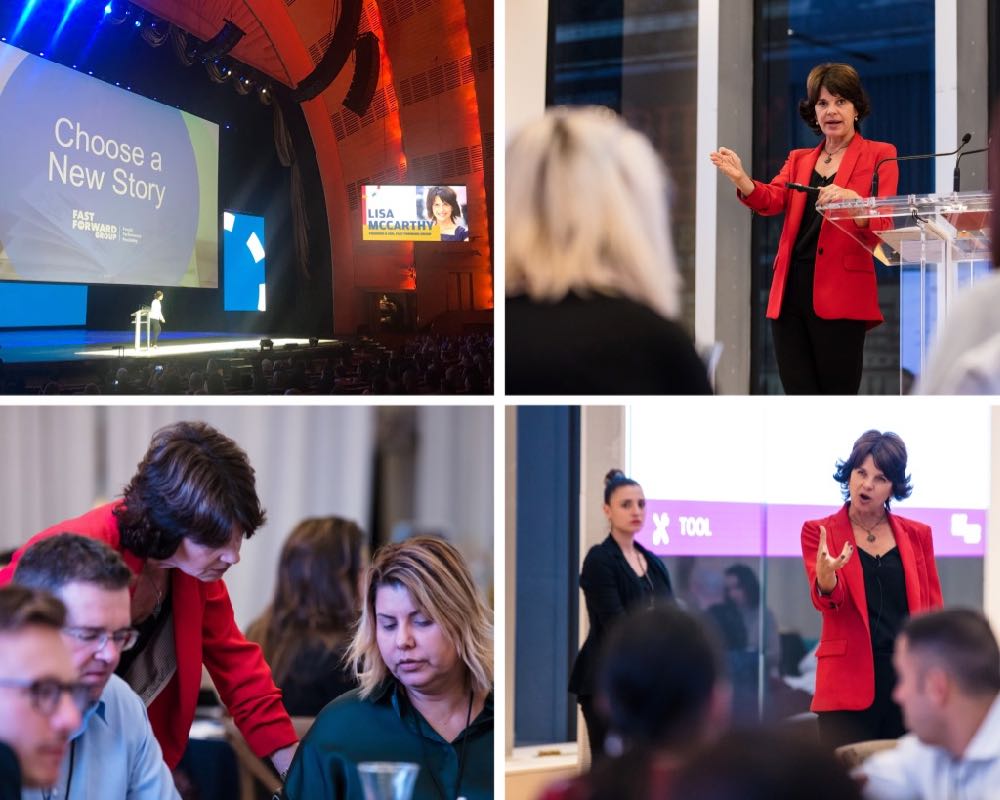 Four images of Lisa McCarthy speaking and interacting with the audience during her highly interactive speeches.