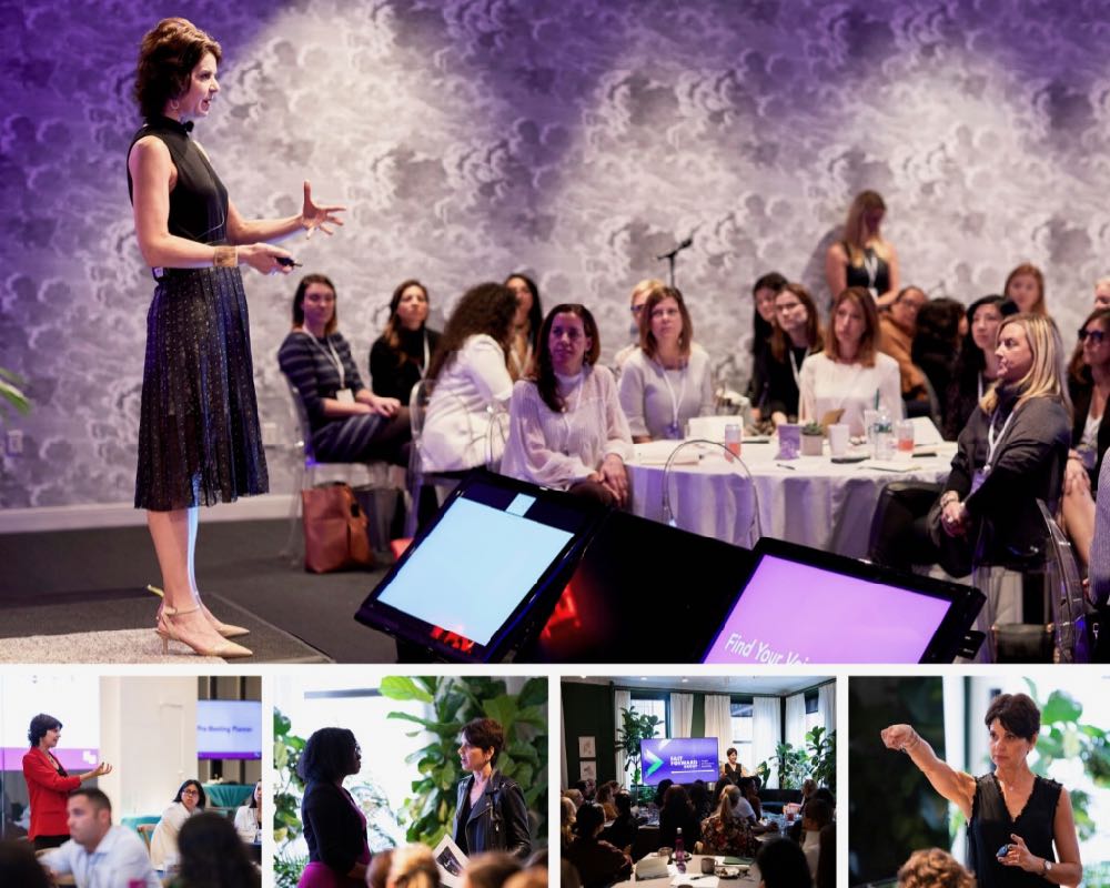5 tiled images of Lisa McCarthy during speaking engagements. In the largest, top image, she stands on stage addressing the audience of women who are looking on. The four smaller images show her interacting with her audiences